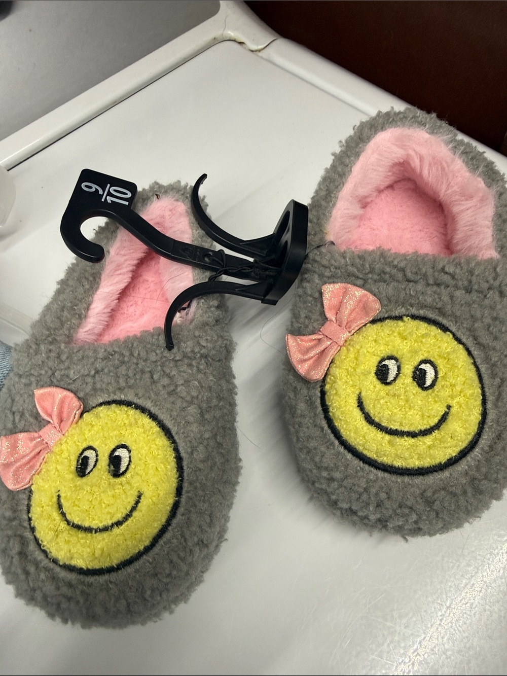 wonder nation Gray Plush Smiley Slippers with Yellow Smiley and Pink Accents